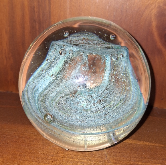 Bubble Glass Paper Weight Hand Made Blown Magic Teal Aqua Green Tinted Pearl - Picture 3 of 16